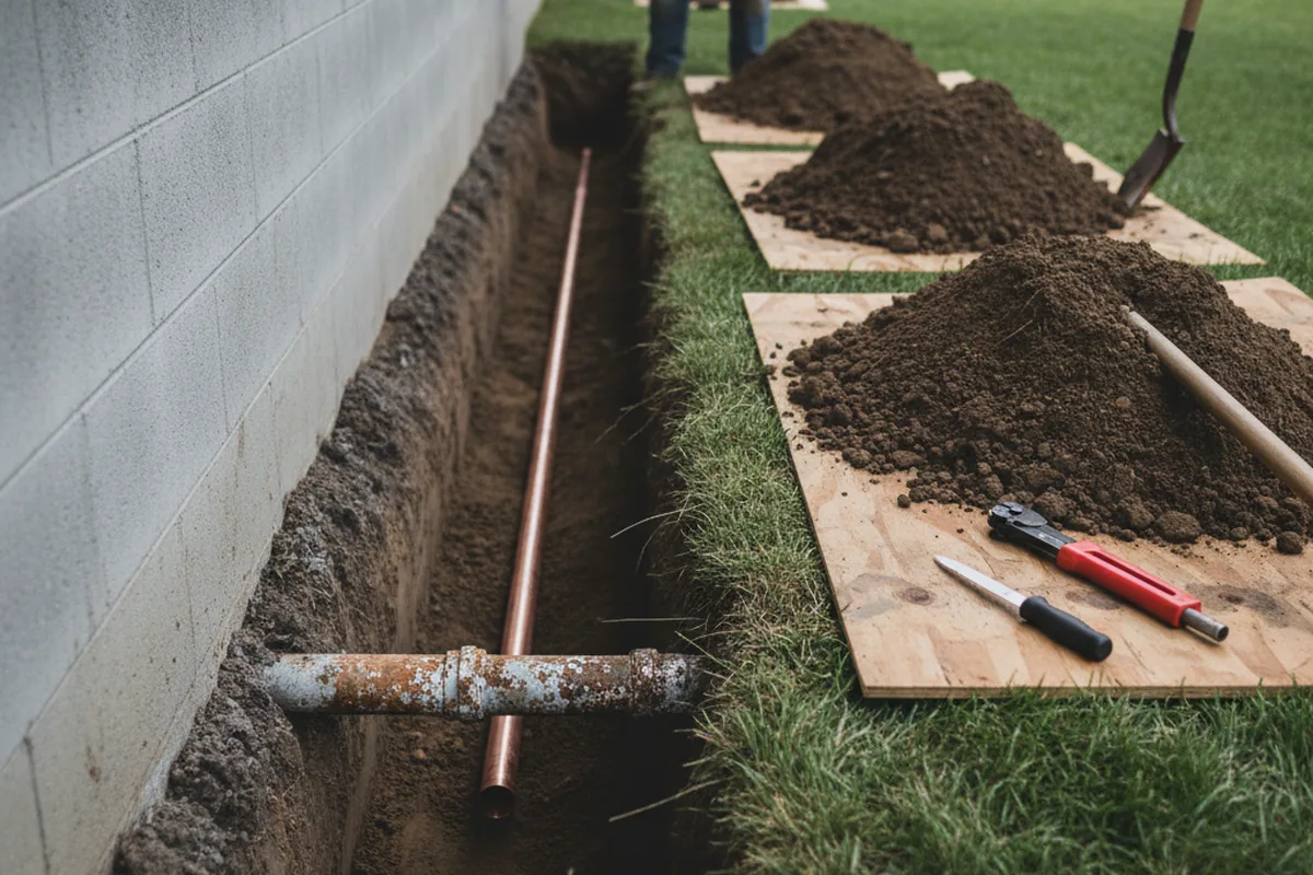 Excavated water line trench during Water Softener Installation in Wendover
